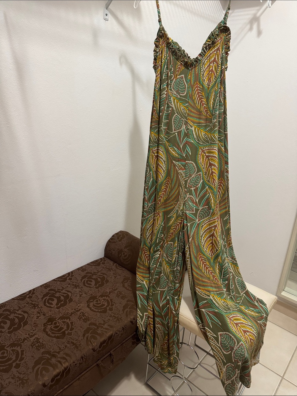 Floral Leaf Print Green Wide-Leg Jumpsuit